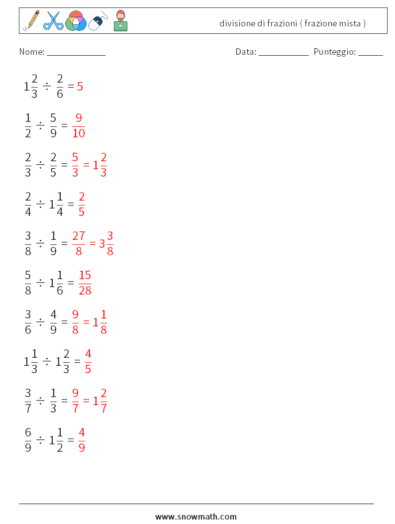 (10) divisione di frazioni ( frazione mista ) Fogli di lavoro di matematica 16 Domanda, Risposta