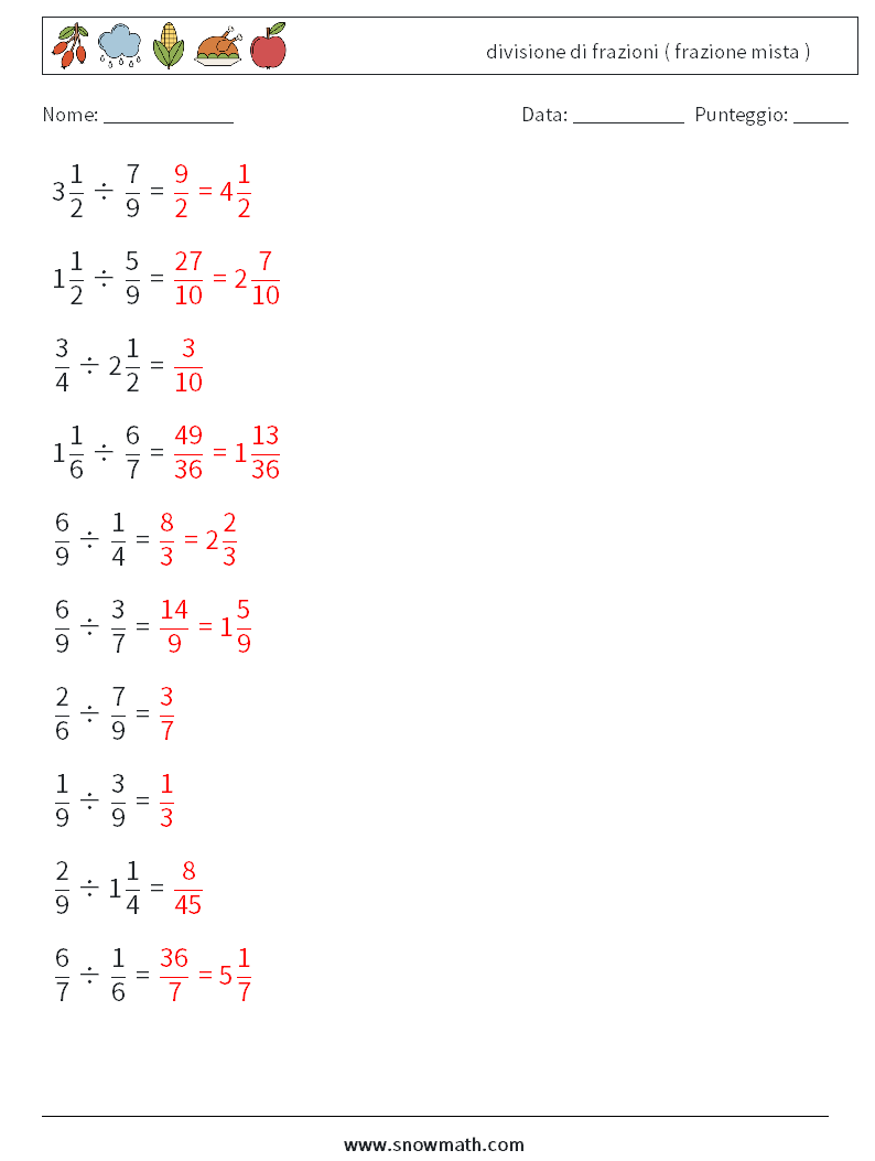 (10) divisione di frazioni ( frazione mista ) Fogli di lavoro di matematica 18 Domanda, Risposta