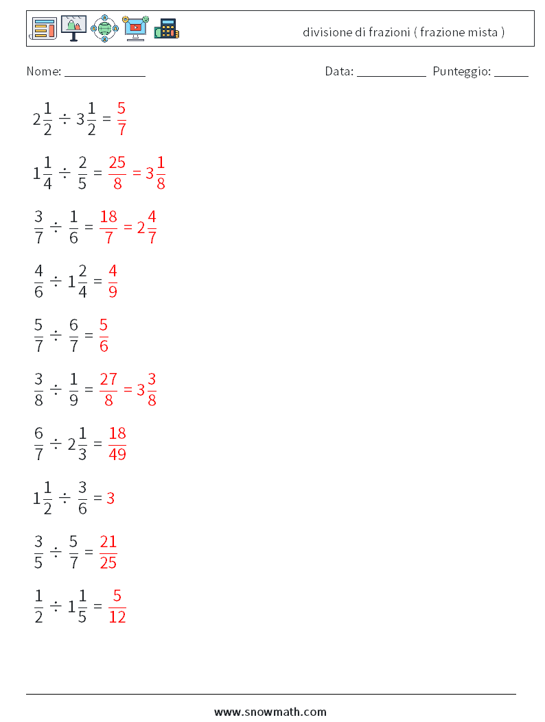 (10) divisione di frazioni ( frazione mista ) Fogli di lavoro di matematica 1 Domanda, Risposta
