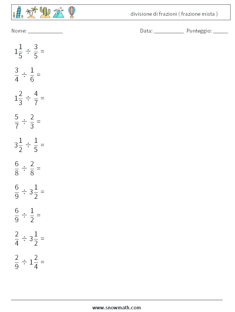 (10) divisione di frazioni ( frazione mista ) Fogli di lavoro di matematica 2