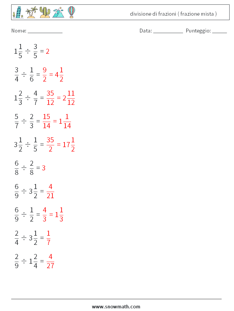 (10) divisione di frazioni ( frazione mista ) Fogli di lavoro di matematica 2 Domanda, Risposta