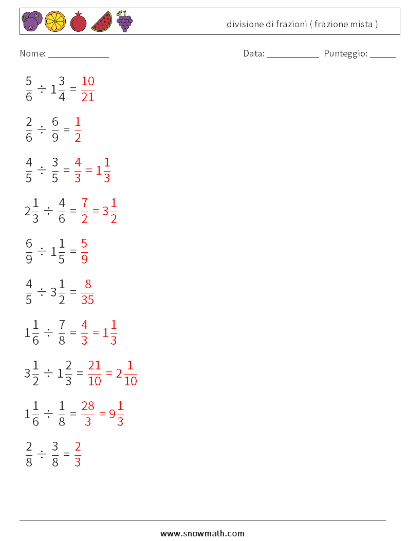 (10) divisione di frazioni ( frazione mista ) Fogli di lavoro di matematica 3 Domanda, Risposta