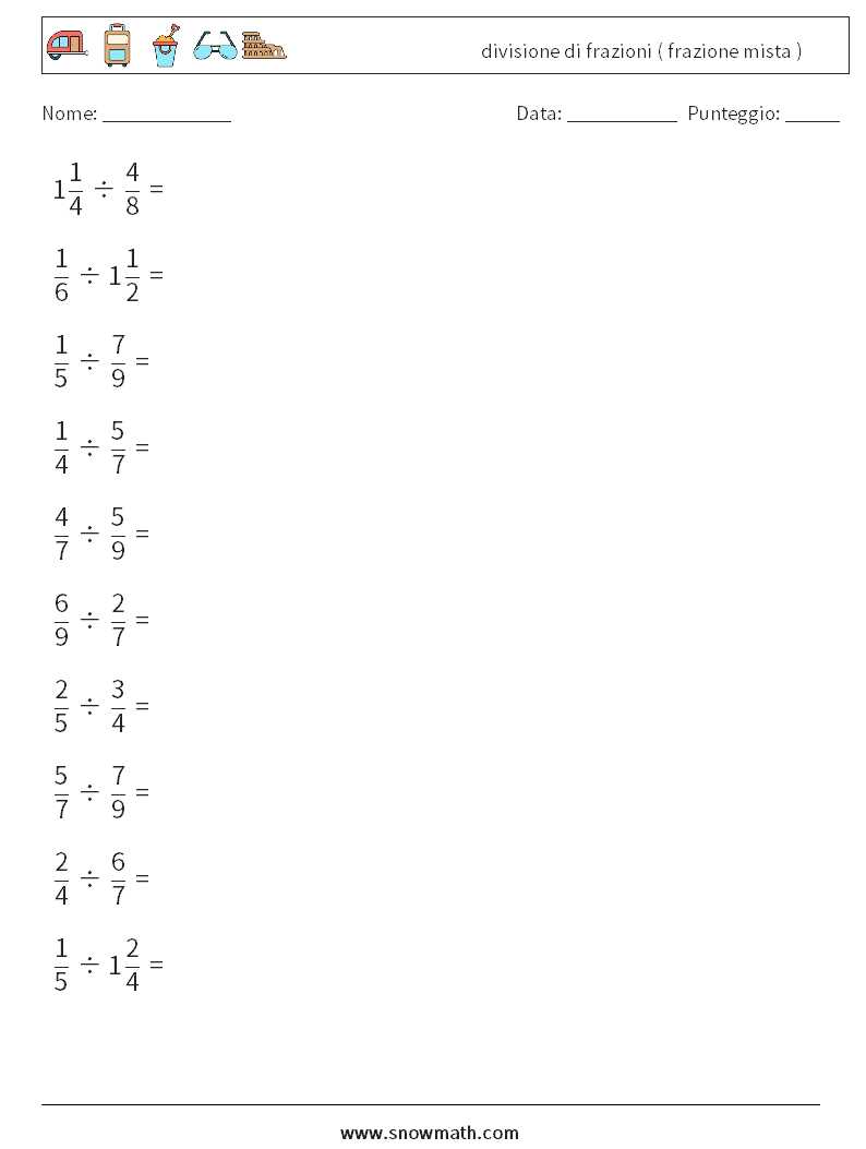 (10) divisione di frazioni ( frazione mista ) Fogli di lavoro di matematica 4