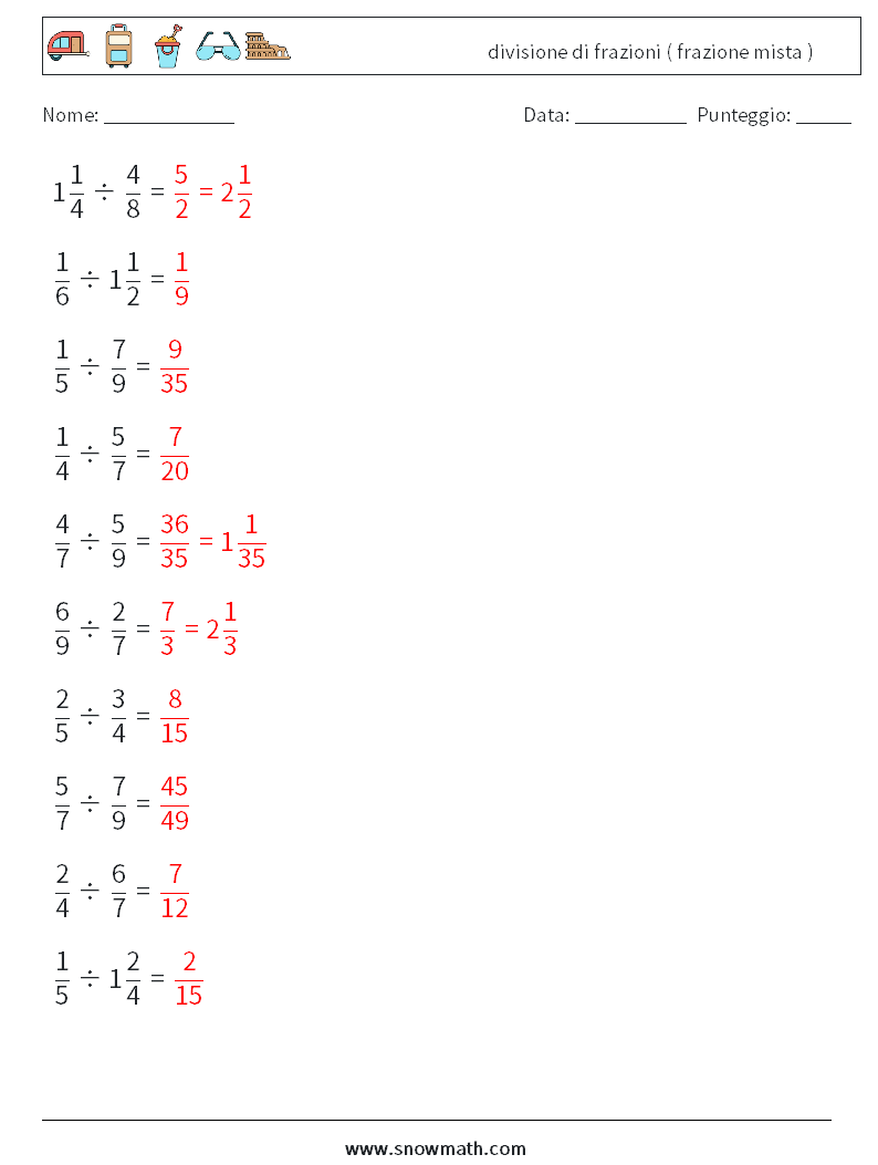 (10) divisione di frazioni ( frazione mista ) Fogli di lavoro di matematica 4 Domanda, Risposta