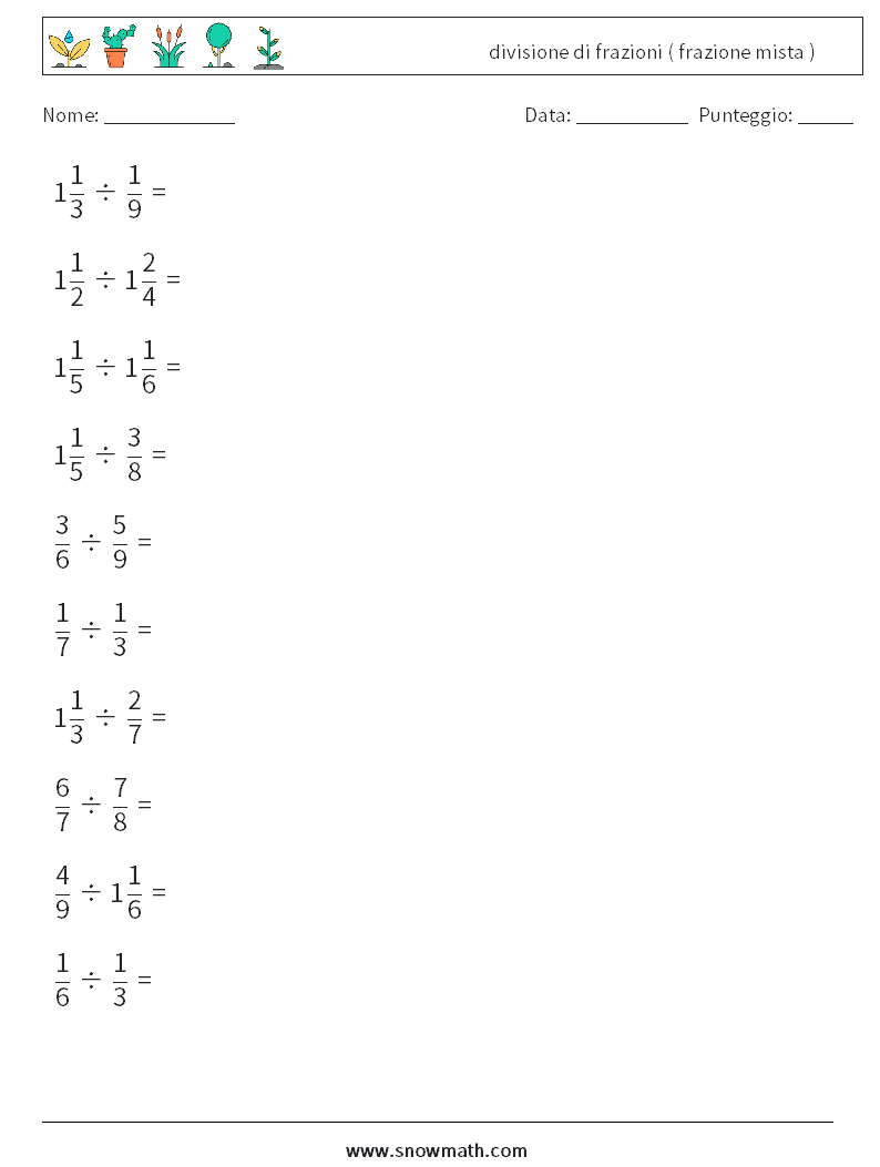 (10) divisione di frazioni ( frazione mista ) Fogli di lavoro di matematica 5