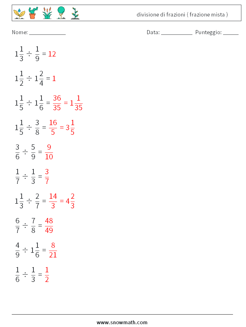 (10) divisione di frazioni ( frazione mista ) Fogli di lavoro di matematica 5 Domanda, Risposta