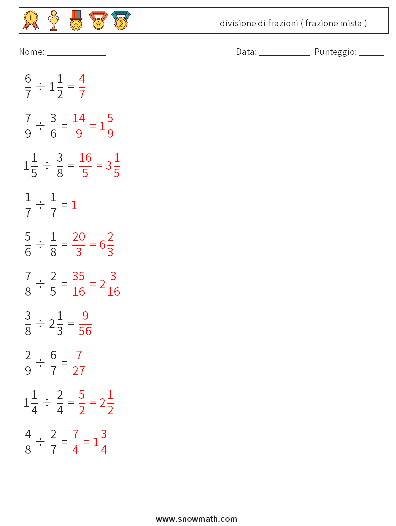 (10) divisione di frazioni ( frazione mista ) Fogli di lavoro di matematica 6 Domanda, Risposta