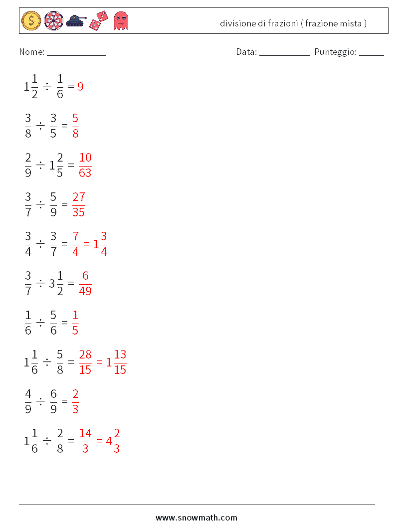 (10) divisione di frazioni ( frazione mista ) Fogli di lavoro di matematica 7 Domanda, Risposta