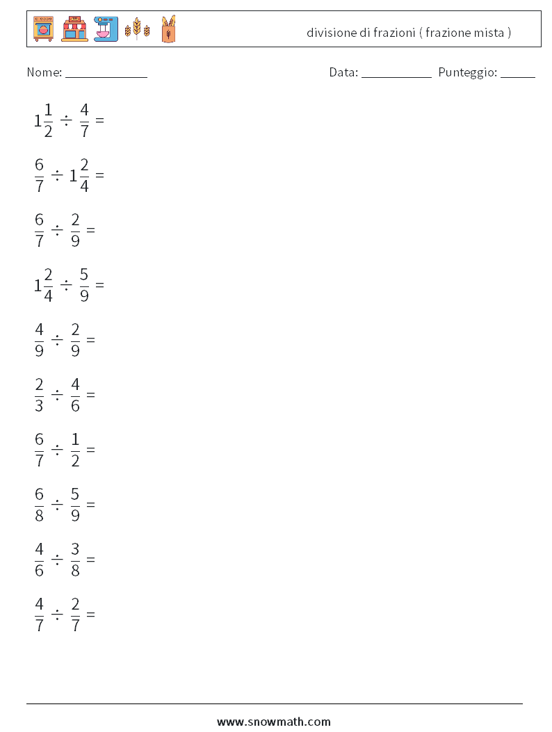 (10) divisione di frazioni ( frazione mista ) Fogli di lavoro di matematica 8