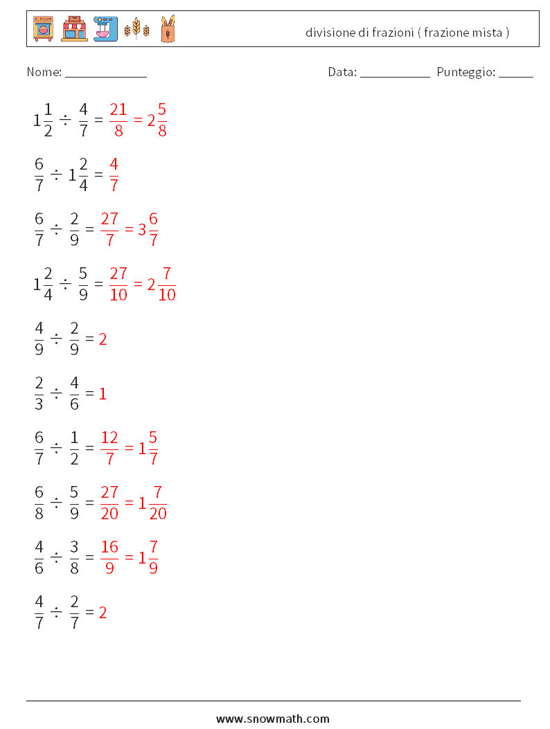 (10) divisione di frazioni ( frazione mista ) Fogli di lavoro di matematica 8 Domanda, Risposta