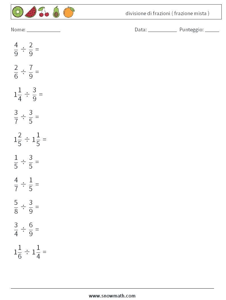 (10) divisione di frazioni ( frazione mista ) Fogli di lavoro di matematica 9