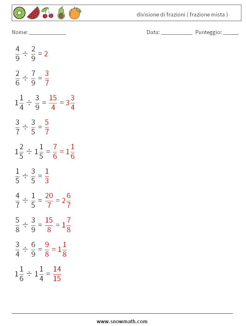 (10) divisione di frazioni ( frazione mista ) Fogli di lavoro di matematica 9 Domanda, Risposta