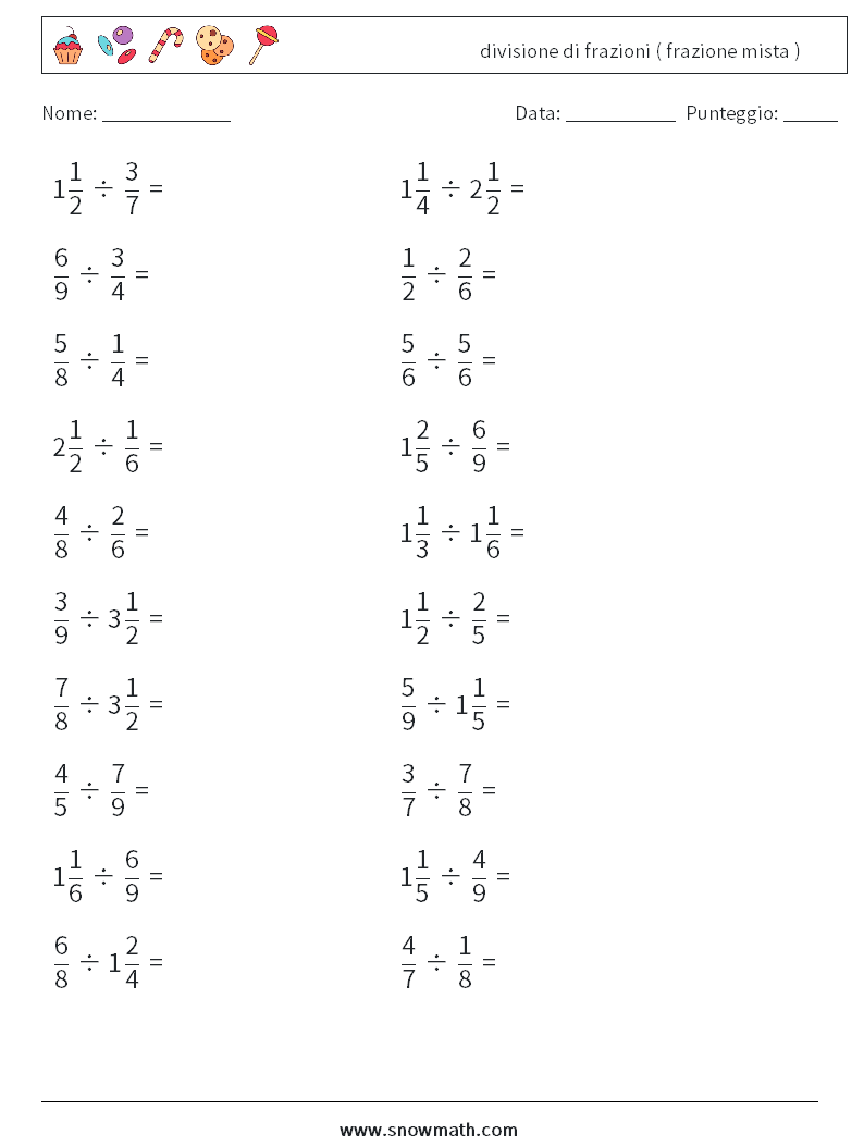 (20) divisione di frazioni ( frazione mista ) Fogli di lavoro di matematica 10