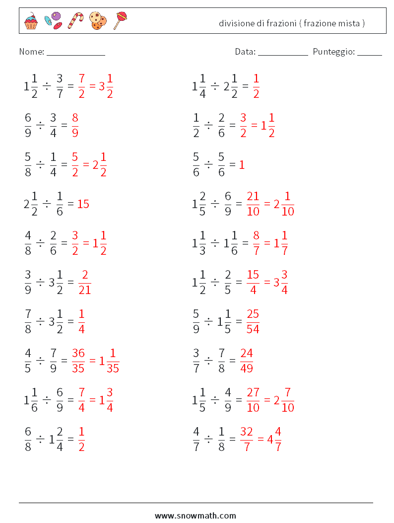(20) divisione di frazioni ( frazione mista ) Fogli di lavoro di matematica 10 Domanda, Risposta