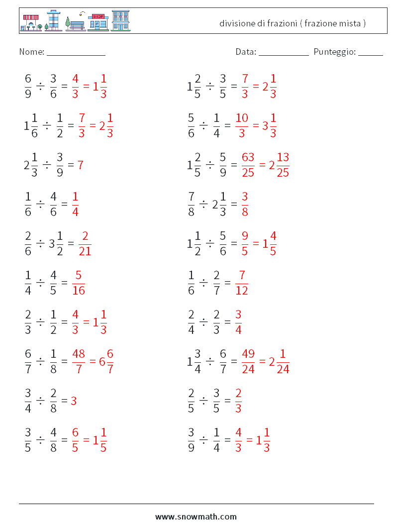 (20) divisione di frazioni ( frazione mista ) Fogli di lavoro di matematica 11 Domanda, Risposta