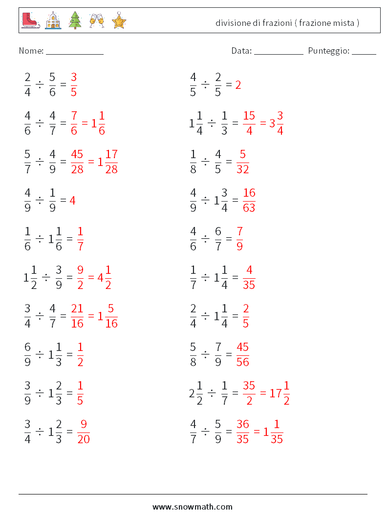 (20) divisione di frazioni ( frazione mista ) Fogli di lavoro di matematica 12 Domanda, Risposta