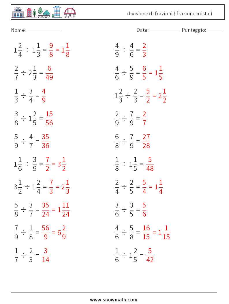 (20) divisione di frazioni ( frazione mista ) Fogli di lavoro di matematica 13 Domanda, Risposta