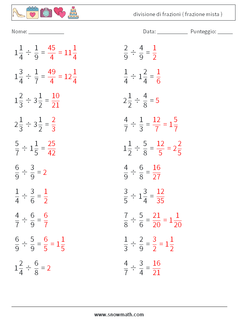 (20) divisione di frazioni ( frazione mista ) Fogli di lavoro di matematica 14 Domanda, Risposta