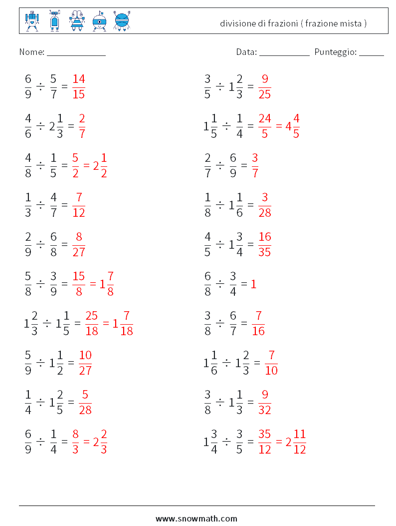 (20) divisione di frazioni ( frazione mista ) Fogli di lavoro di matematica 15 Domanda, Risposta