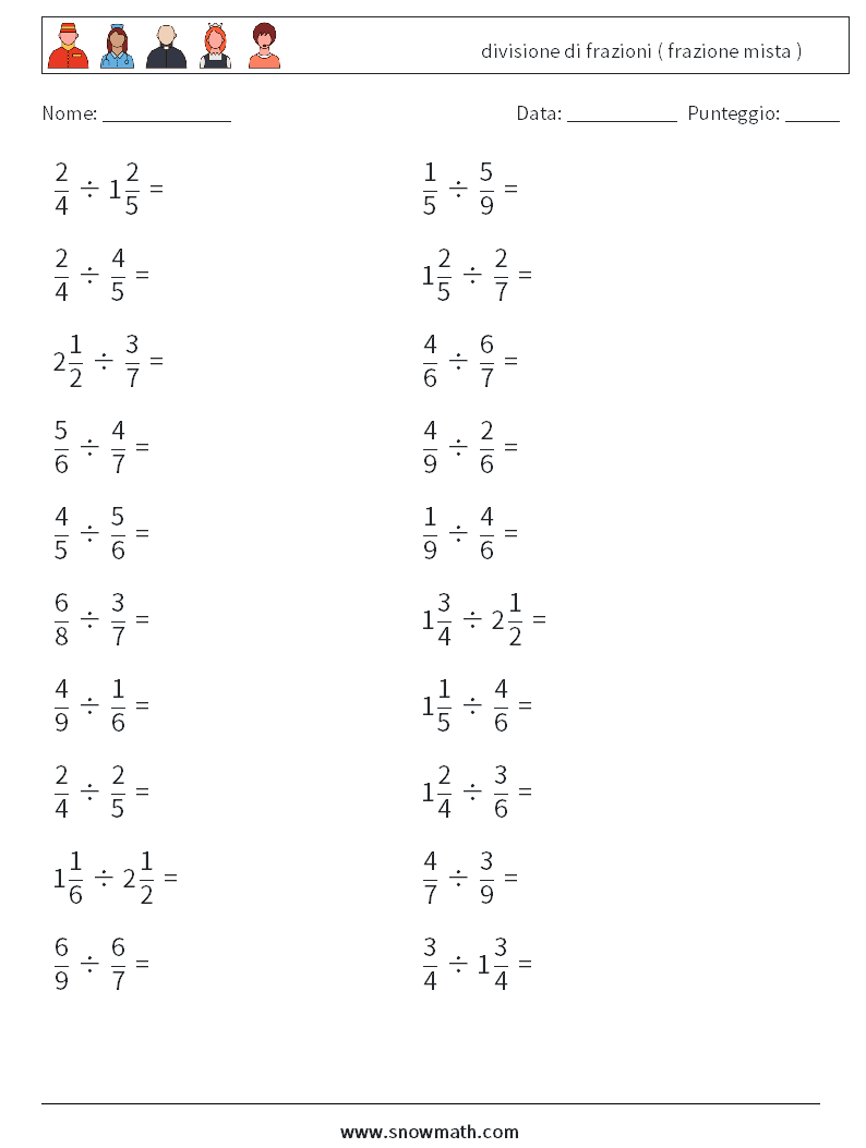 (20) divisione di frazioni ( frazione mista ) Fogli di lavoro di matematica 16