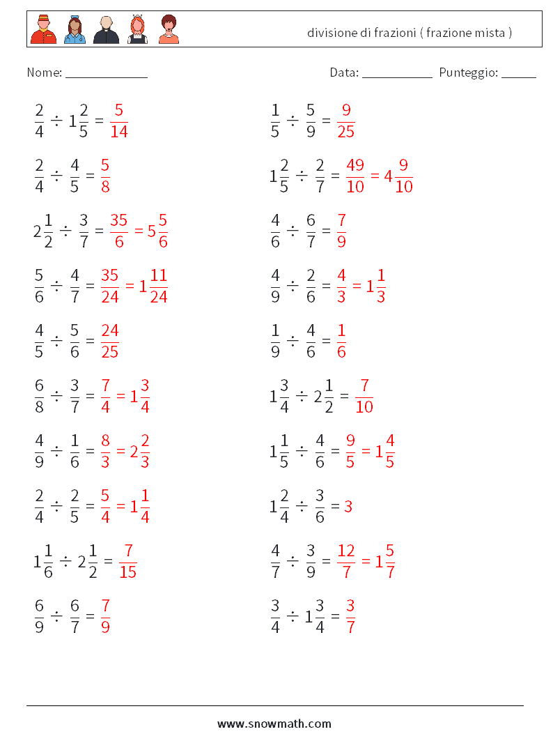 (20) divisione di frazioni ( frazione mista ) Fogli di lavoro di matematica 16 Domanda, Risposta