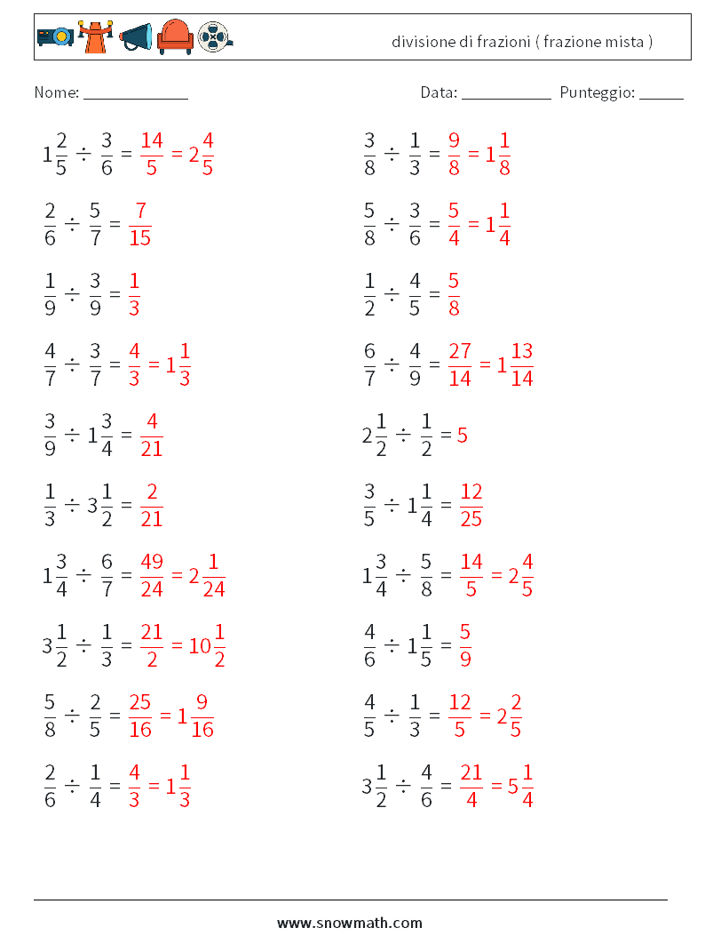 (20) divisione di frazioni ( frazione mista ) Fogli di lavoro di matematica 17 Domanda, Risposta