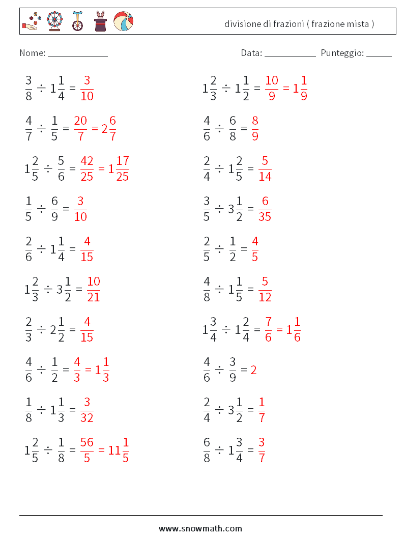 (20) divisione di frazioni ( frazione mista ) Fogli di lavoro di matematica 18 Domanda, Risposta
