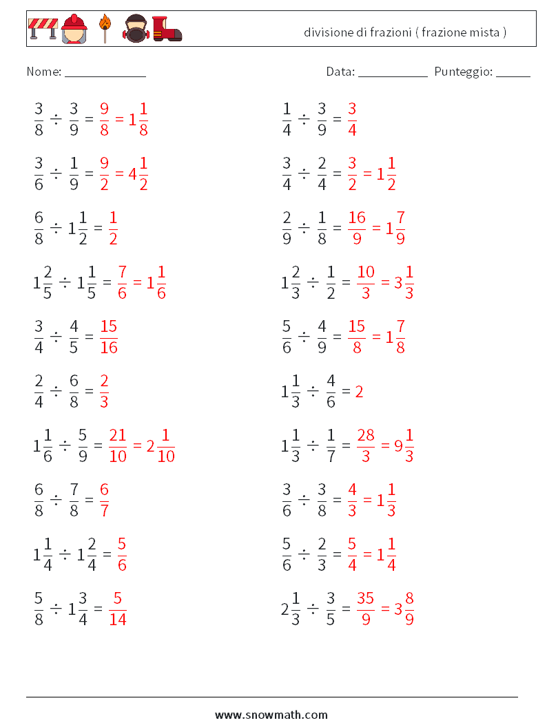 (20) divisione di frazioni ( frazione mista ) Fogli di lavoro di matematica 1 Domanda, Risposta