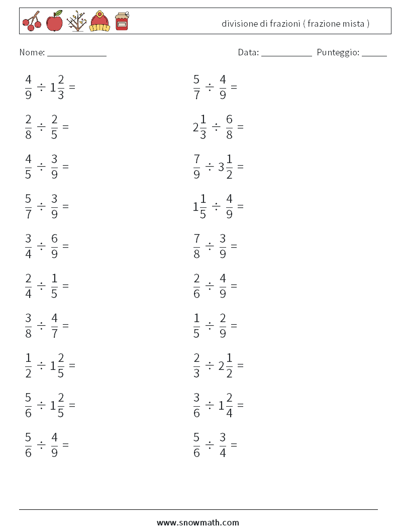 (20) divisione di frazioni ( frazione mista ) Fogli di lavoro di matematica 2