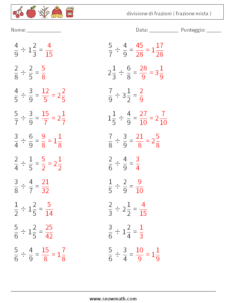 (20) divisione di frazioni ( frazione mista ) Fogli di lavoro di matematica 2 Domanda, Risposta