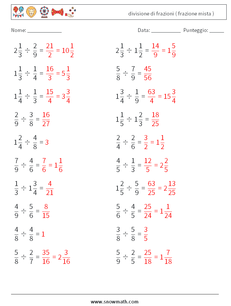 (20) divisione di frazioni ( frazione mista ) Fogli di lavoro di matematica 3 Domanda, Risposta