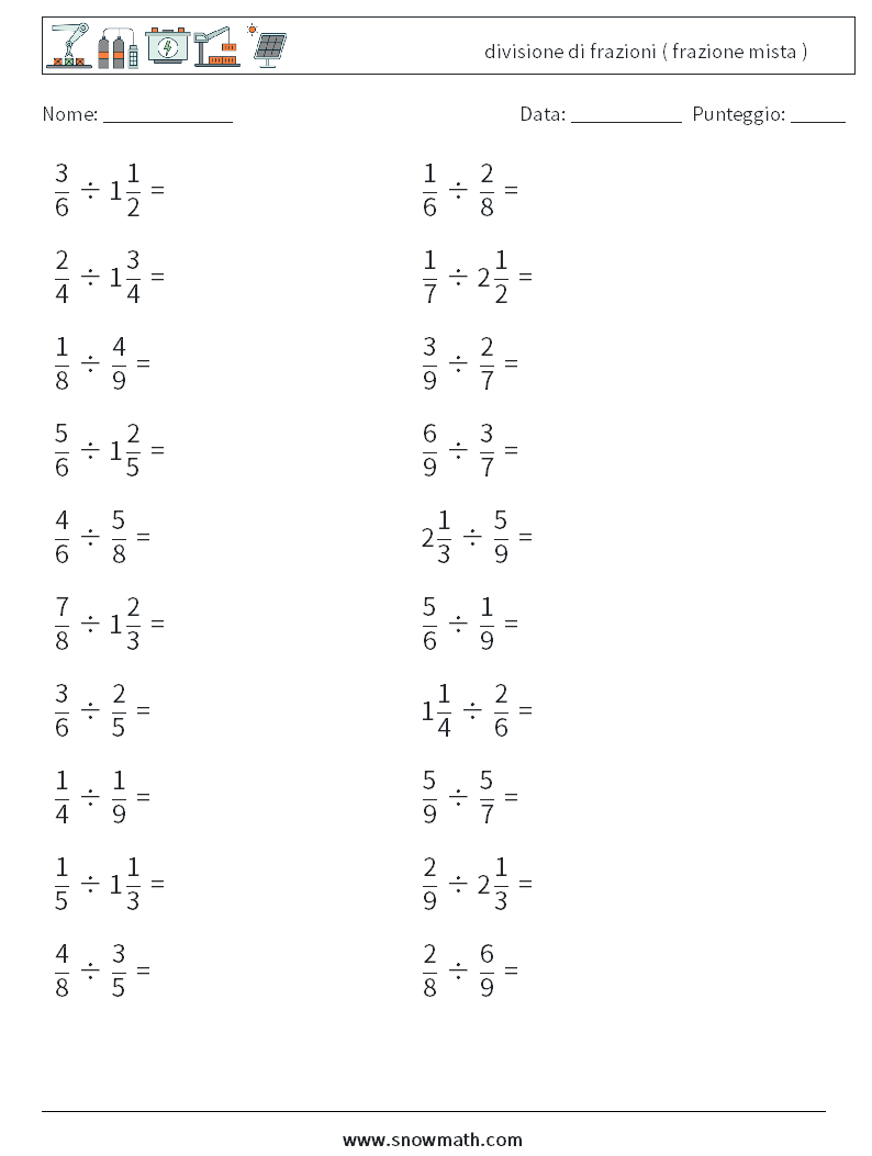 (20) divisione di frazioni ( frazione mista ) Fogli di lavoro di matematica 4