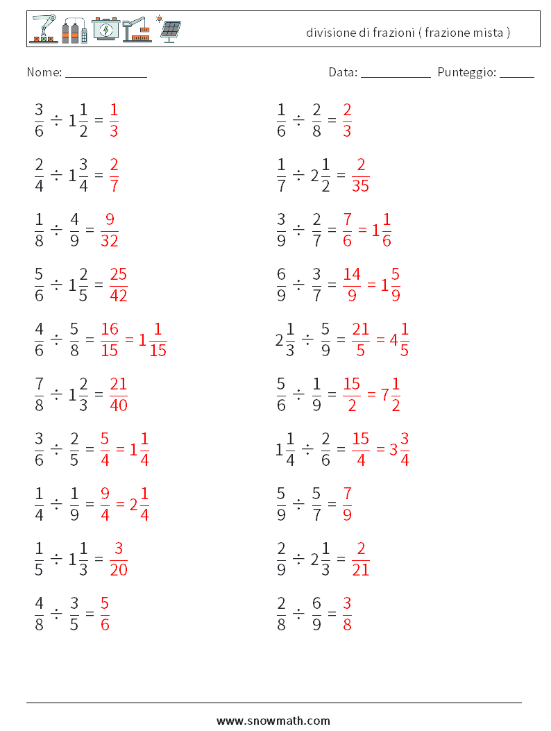 (20) divisione di frazioni ( frazione mista ) Fogli di lavoro di matematica 4 Domanda, Risposta
