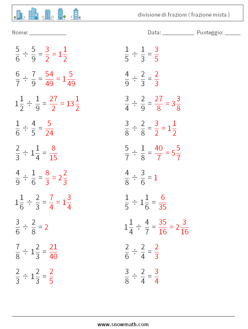 (20) divisione di frazioni ( frazione mista ) Fogli di lavoro di matematica 5 Domanda, Risposta