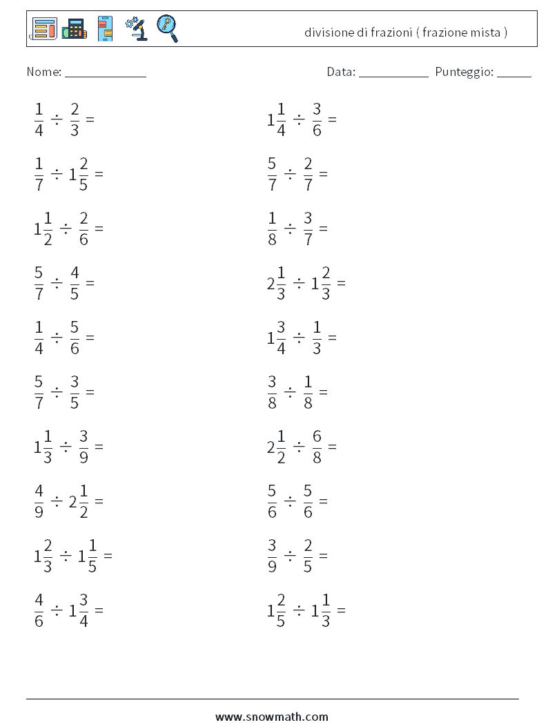 (20) divisione di frazioni ( frazione mista ) Fogli di lavoro di matematica 6
