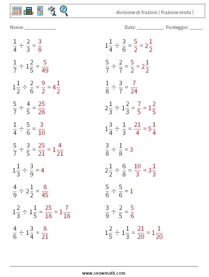 (20) divisione di frazioni ( frazione mista ) Fogli di lavoro di matematica 6 Domanda, Risposta