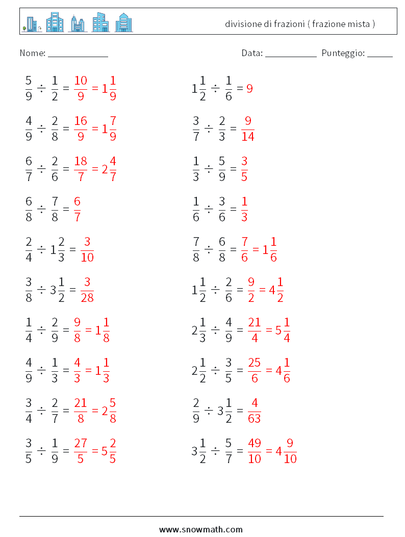 (20) divisione di frazioni ( frazione mista ) Fogli di lavoro di matematica 7 Domanda, Risposta