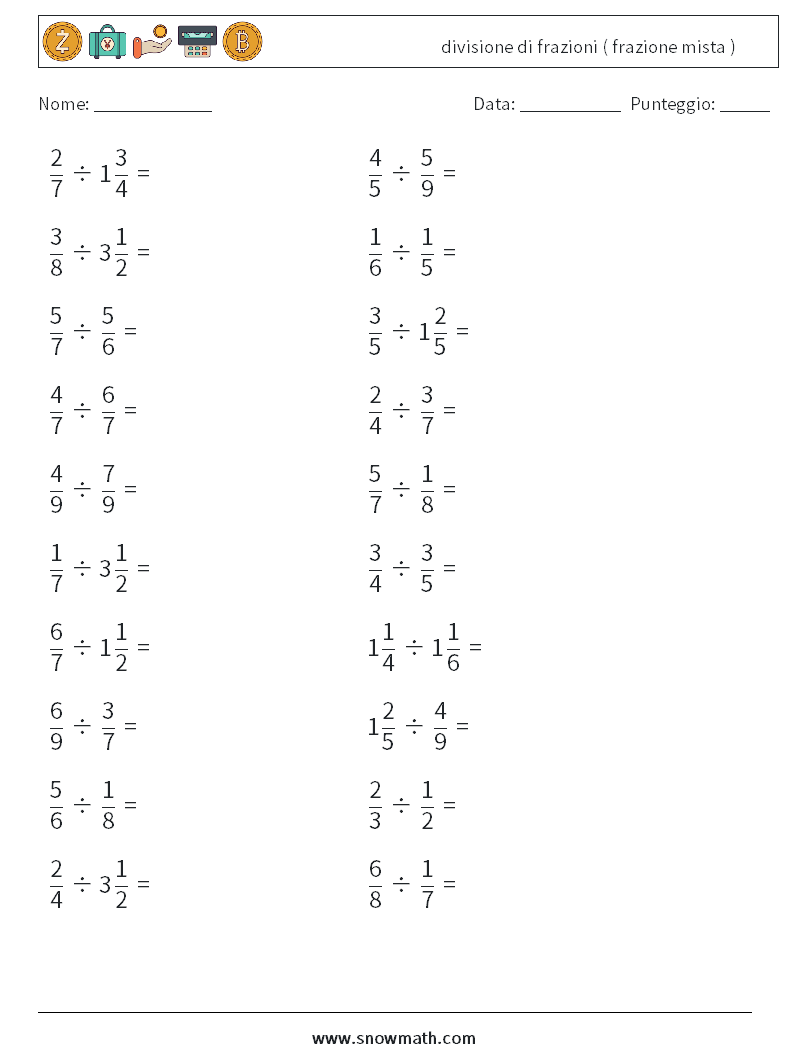 (20) divisione di frazioni ( frazione mista ) Fogli di lavoro di matematica 8