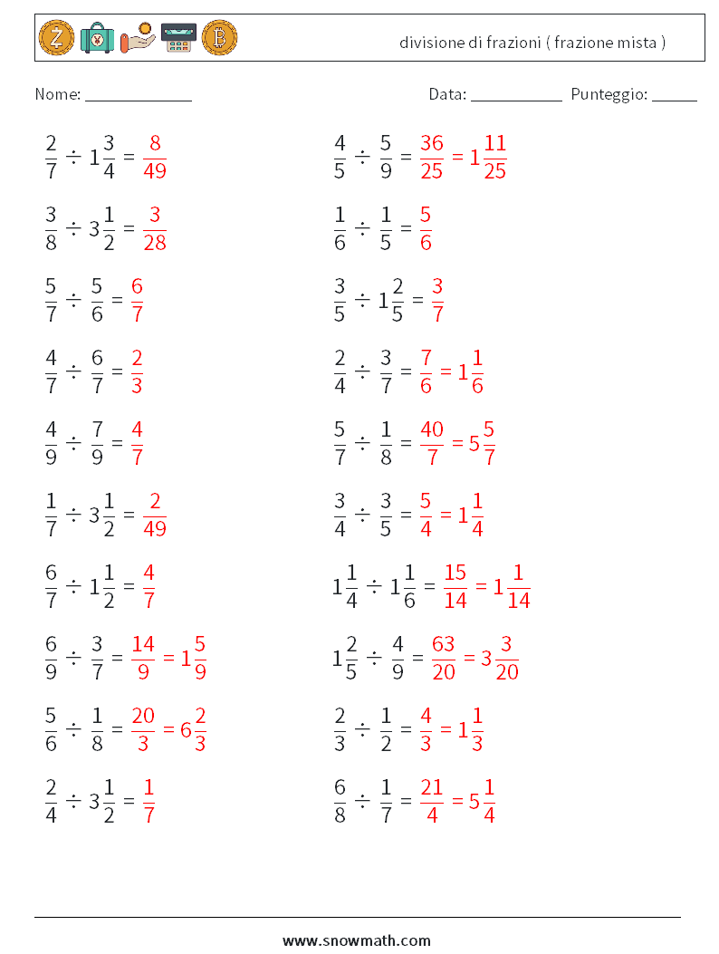 (20) divisione di frazioni ( frazione mista ) Fogli di lavoro di matematica 8 Domanda, Risposta