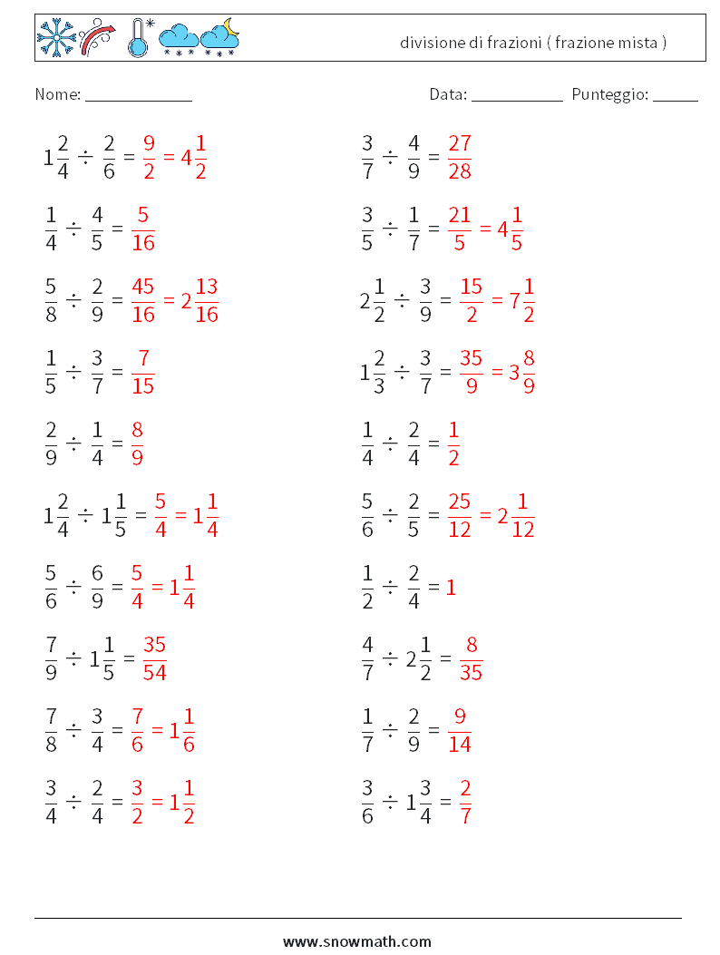 (20) divisione di frazioni ( frazione mista ) Fogli di lavoro di matematica 9 Domanda, Risposta