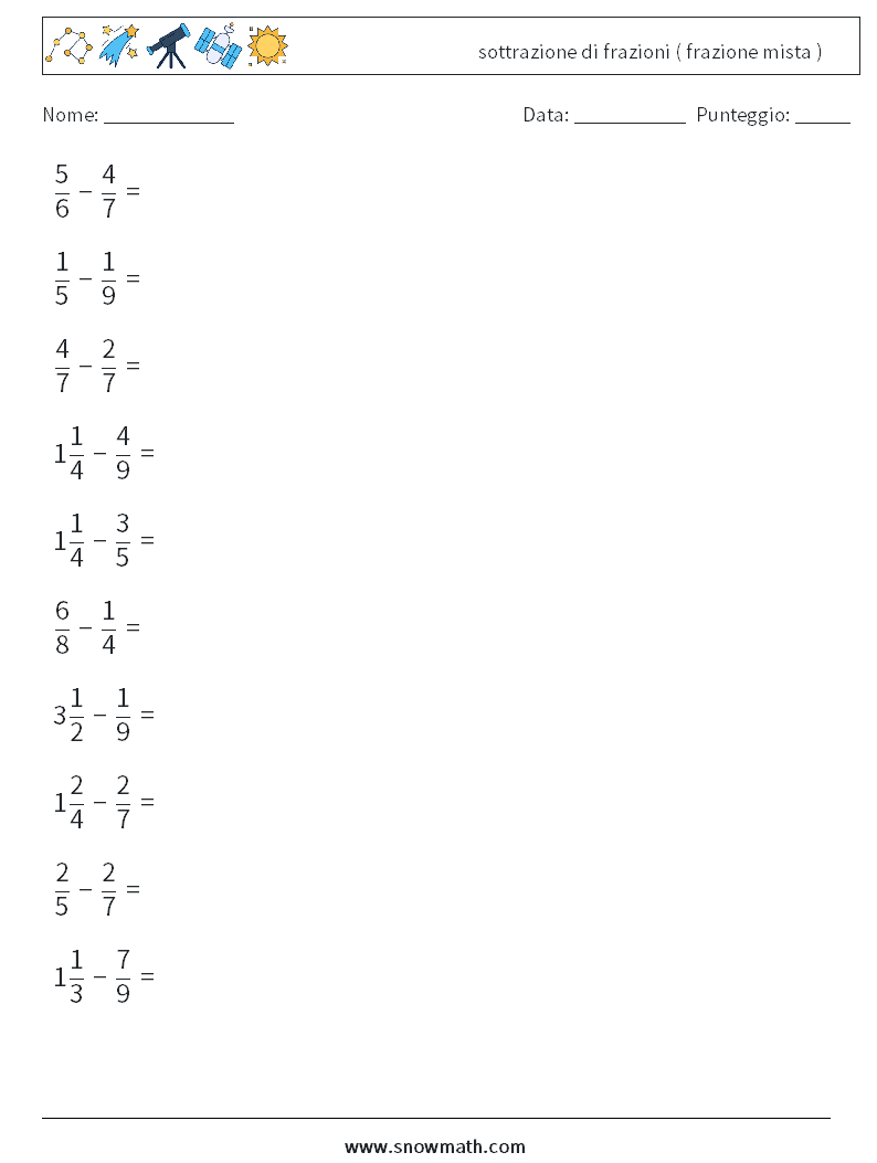 (10) sottrazione di frazioni ( frazione mista ) Fogli di lavoro di matematica 10