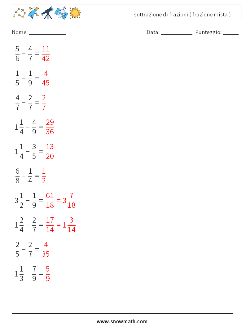 (10) sottrazione di frazioni ( frazione mista ) Fogli di lavoro di matematica 10 Domanda, Risposta