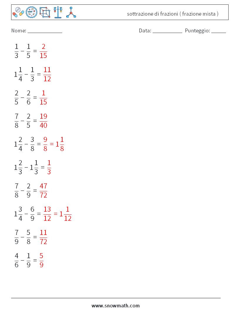 (10) sottrazione di frazioni ( frazione mista ) Fogli di lavoro di matematica 11 Domanda, Risposta