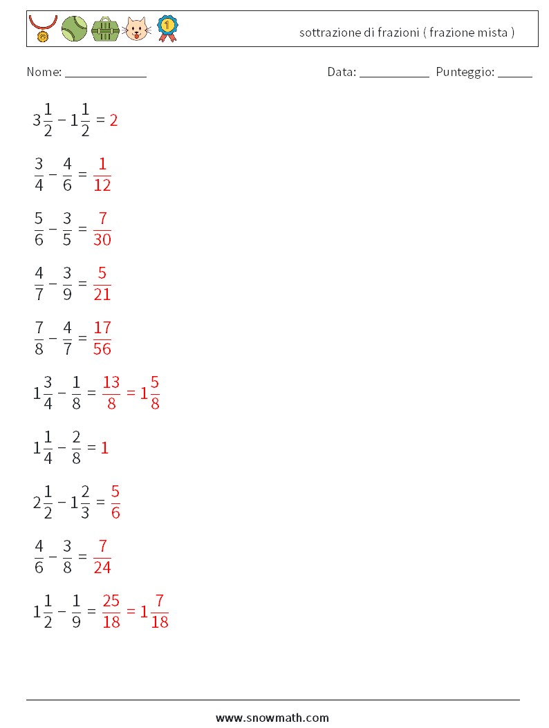 (10) sottrazione di frazioni ( frazione mista ) Fogli di lavoro di matematica 16 Domanda, Risposta