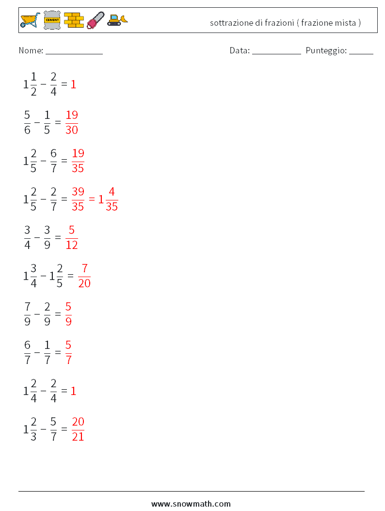 (10) sottrazione di frazioni ( frazione mista ) Fogli di lavoro di matematica 17 Domanda, Risposta