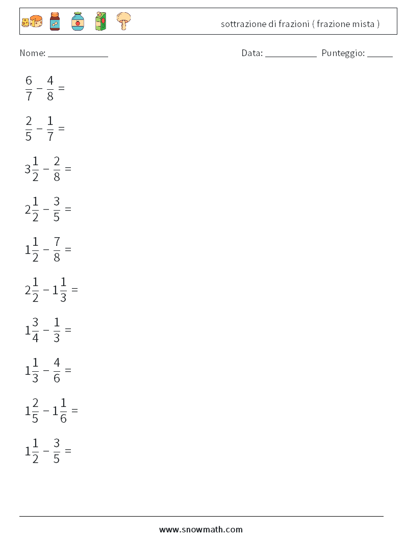 (10) sottrazione di frazioni ( frazione mista ) Fogli di lavoro di matematica 2