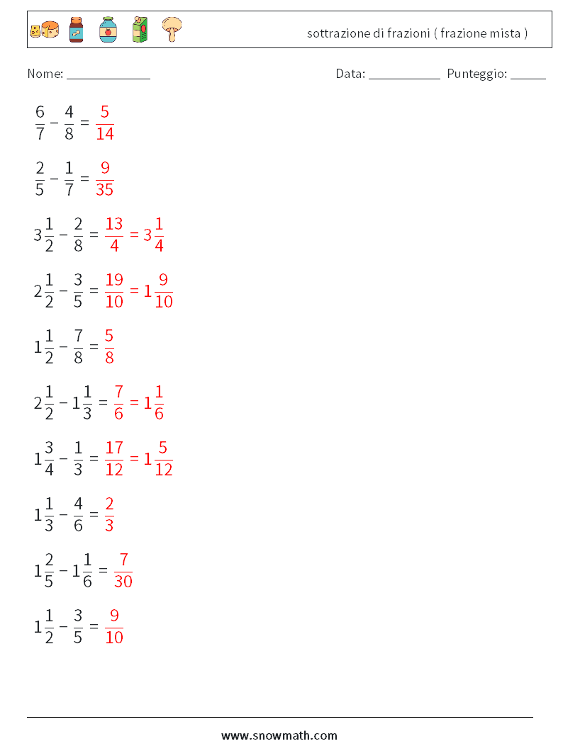 (10) sottrazione di frazioni ( frazione mista ) Fogli di lavoro di matematica 2 Domanda, Risposta