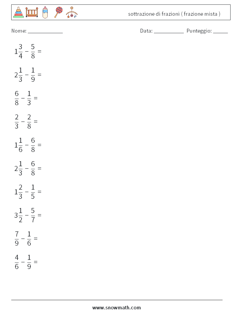 (10) sottrazione di frazioni ( frazione mista ) Fogli di lavoro di matematica 3
