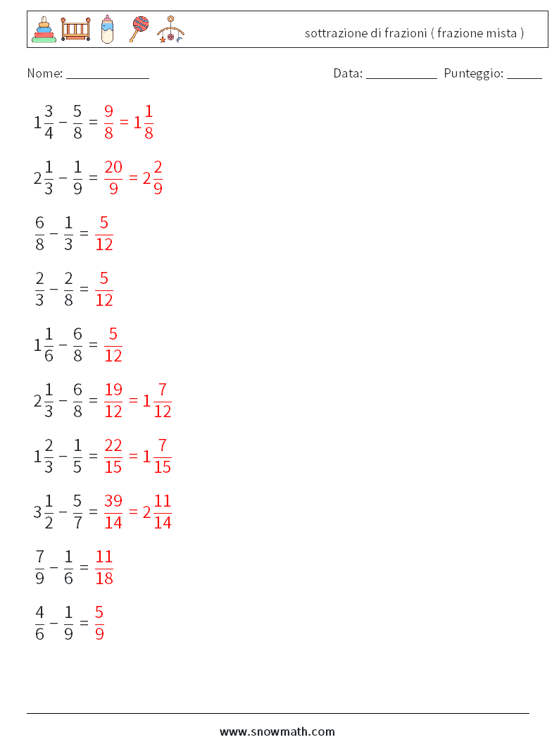 (10) sottrazione di frazioni ( frazione mista ) Fogli di lavoro di matematica 3 Domanda, Risposta