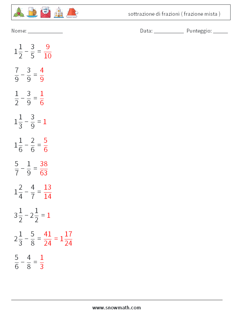 (10) sottrazione di frazioni ( frazione mista ) Fogli di lavoro di matematica 4 Domanda, Risposta